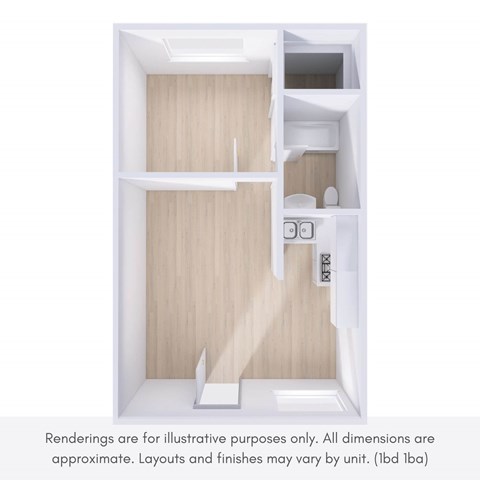 A rendering of a small, modern apartment with a kitchen area and a bathroom.